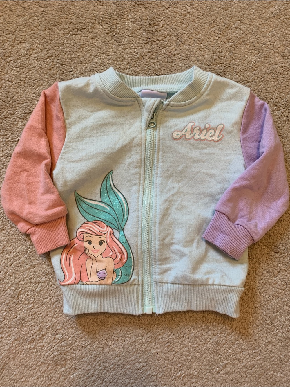 🍊5/$25 Disney Ariel Pastel Pink Purple and Mint Zip-Up Hoodie size 3-6m